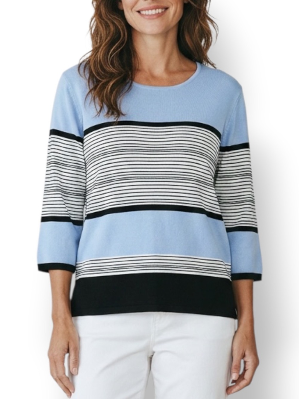 4/$20 Modern Soul Blue Black White Striped Colorblock 3/4 Sleeve Sweater Large
